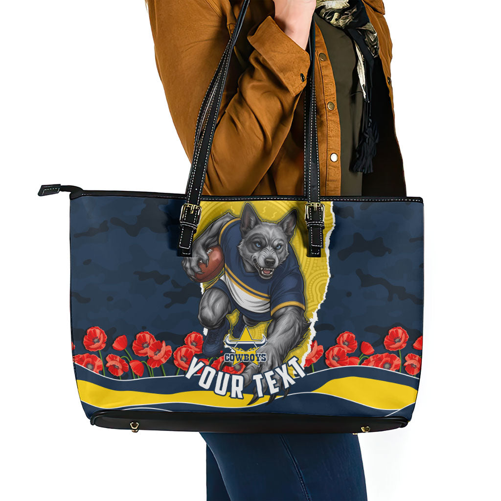 Personalized Cowboys ANZAC Tribute Leather Tote Bag Poppy Field Soldier Silhouette Aboriginal Rugby Mascot