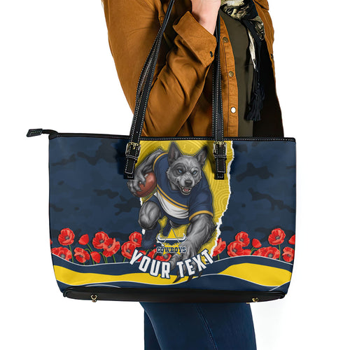 Personalized Cowboys ANZAC Tribute Leather Tote Bag Poppy Field Soldier Silhouette Aboriginal Rugby Mascot