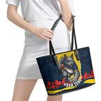 Personalized Cowboys ANZAC Tribute Leather Tote Bag Poppy Field Soldier Silhouette Aboriginal Rugby Mascot