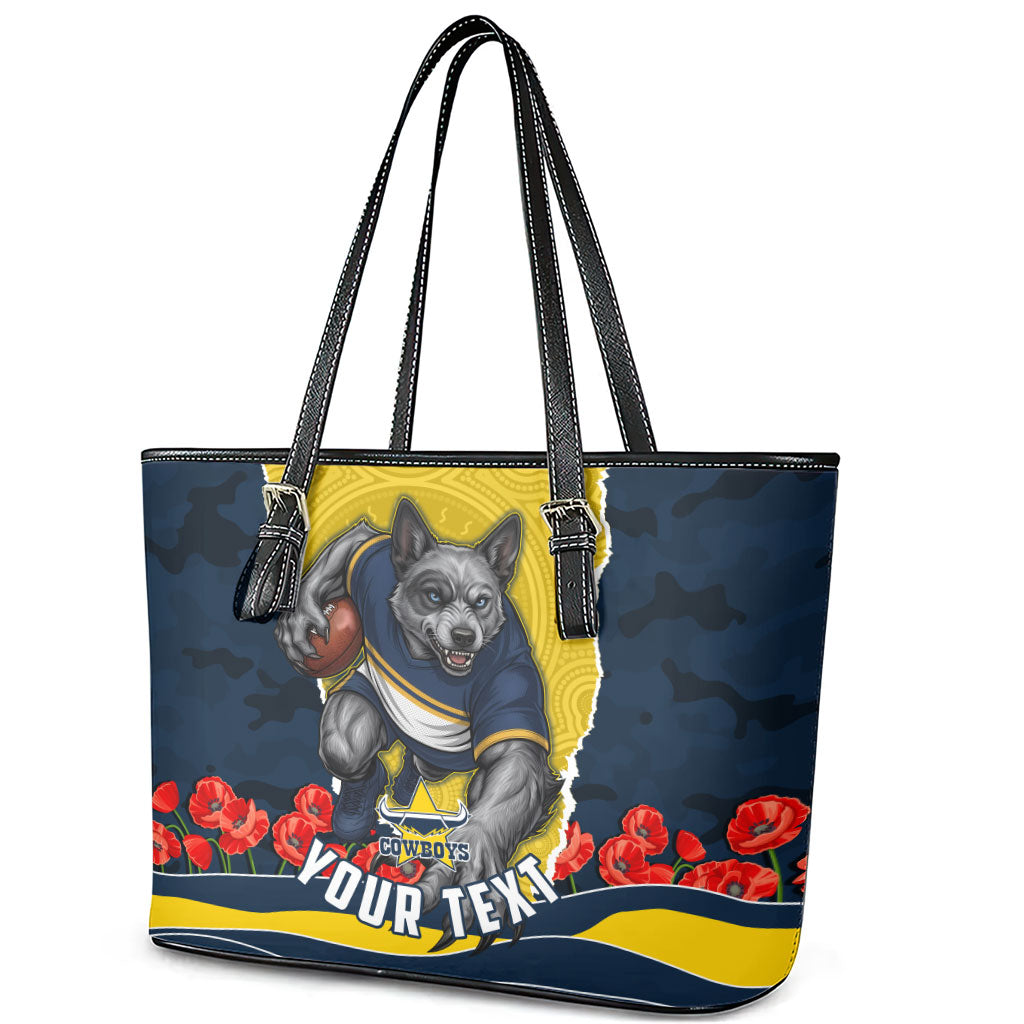 Personalized Cowboys ANZAC Tribute Leather Tote Bag Poppy Field Soldier Silhouette Aboriginal Rugby Mascot