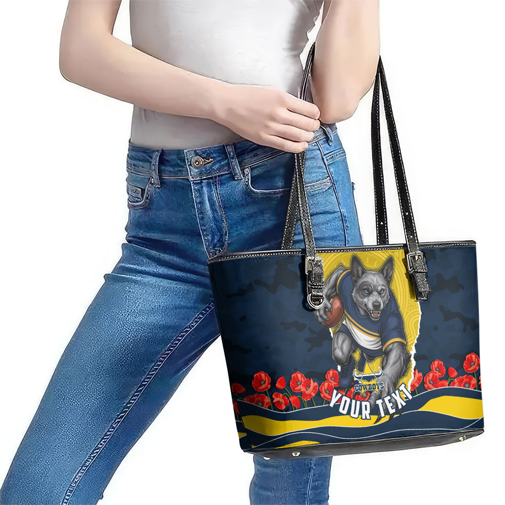 Personalized Cowboys ANZAC Tribute Leather Tote Bag Poppy Field Soldier Silhouette Aboriginal Rugby Mascot