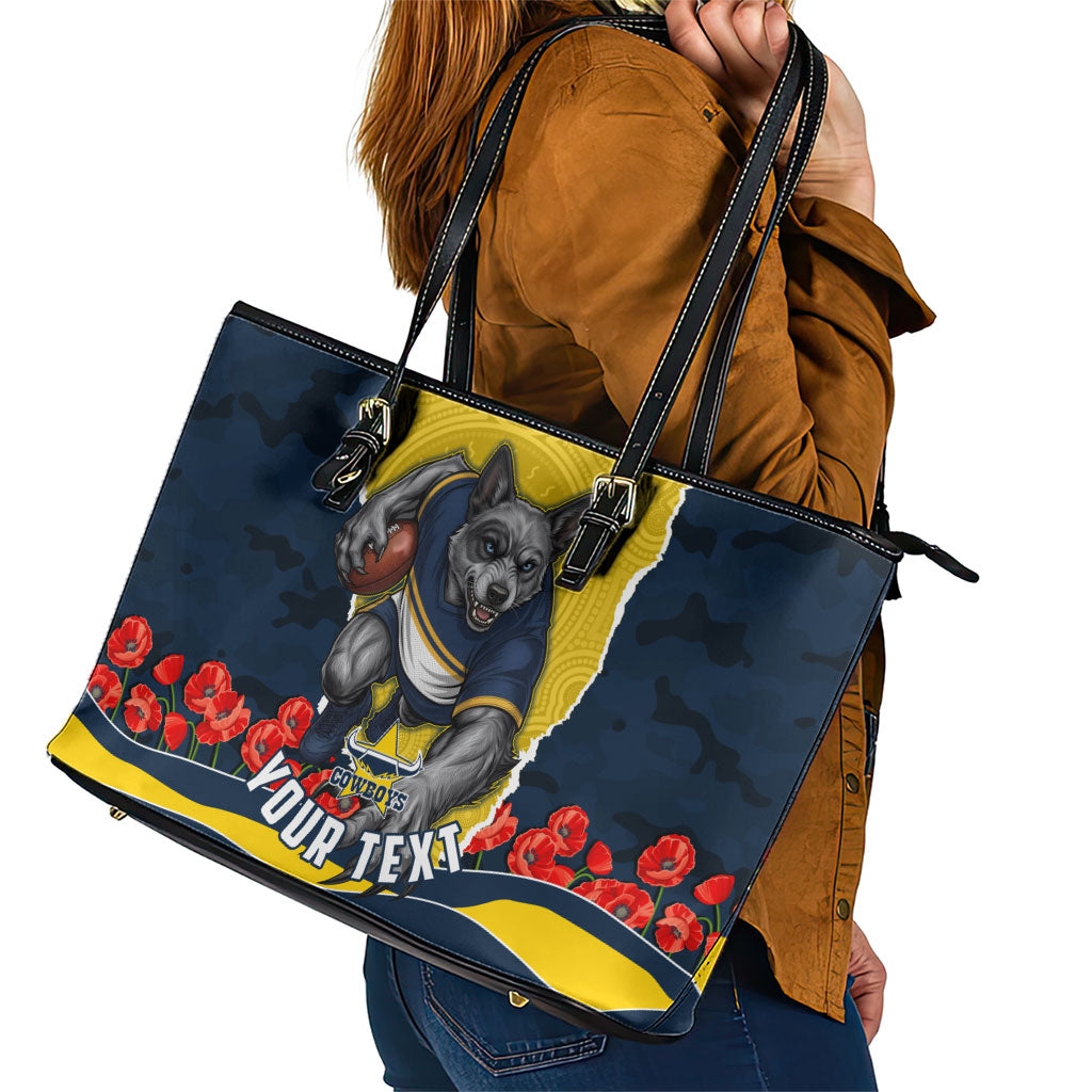 Personalized Cowboys ANZAC Tribute Leather Tote Bag Poppy Field Soldier Silhouette Aboriginal Rugby Mascot