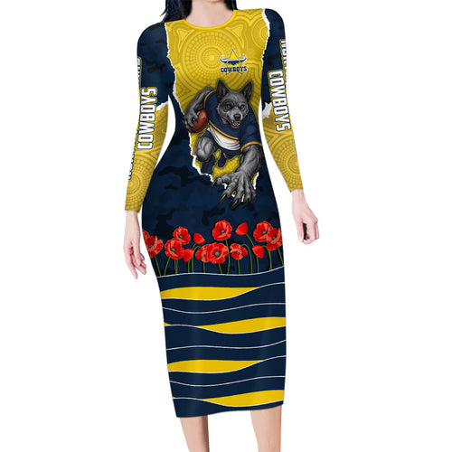 Personalized Cowboys ANZAC Tribute Long Sleeve Bodycon Dress Poppy Field Soldier Silhouette Aboriginal Rugby Mascot