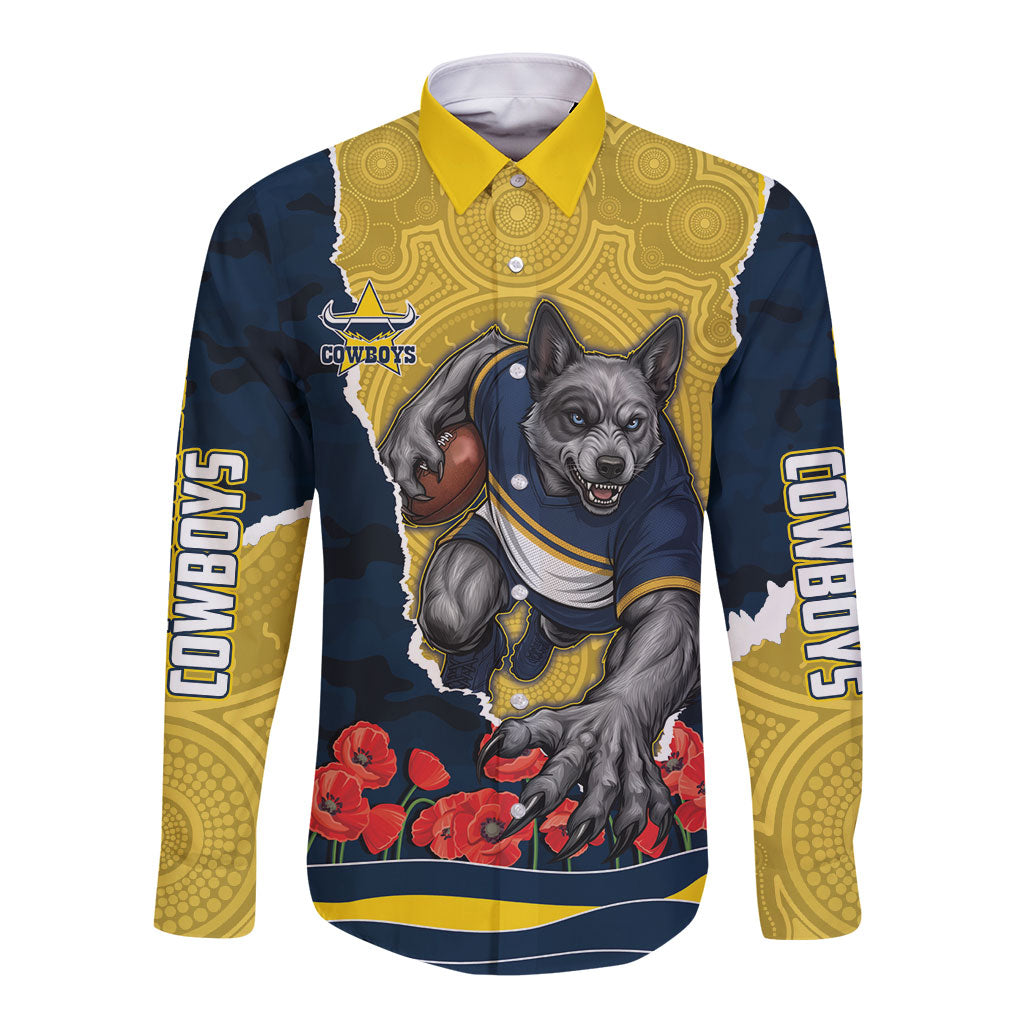 Personalized Cowboys ANZAC Tribute Long Sleeve Button Shirt Poppy Field Soldier Silhouette Aboriginal Rugby Mascot