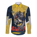 Personalized Cowboys ANZAC Tribute Long Sleeve Button Shirt Poppy Field Soldier Silhouette Aboriginal Rugby Mascot