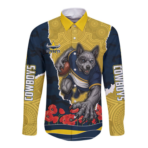 Personalized Cowboys ANZAC Tribute Long Sleeve Button Shirt Poppy Field Soldier Silhouette Aboriginal Rugby Mascot