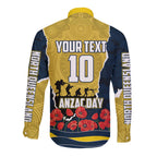 Personalized Cowboys ANZAC Tribute Long Sleeve Button Shirt Poppy Field Soldier Silhouette Aboriginal Rugby Mascot