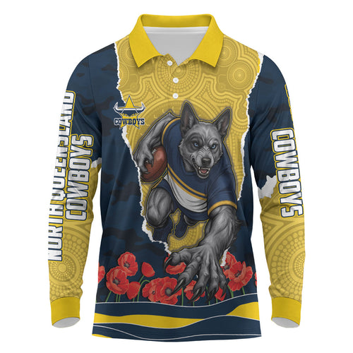 Personalized Cowboys ANZAC Tribute Long Sleeve Polo Shirt Poppy Field Soldier Silhouette Aboriginal Rugby Mascot