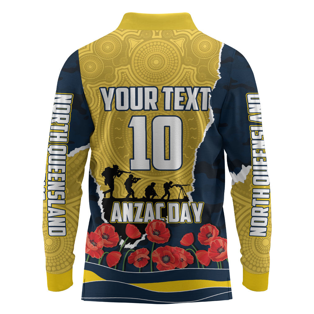 Personalized Cowboys ANZAC Tribute Long Sleeve Polo Shirt Poppy Field Soldier Silhouette Aboriginal Rugby Mascot