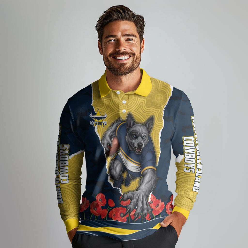 Personalized Cowboys ANZAC Tribute Long Sleeve Polo Shirt Poppy Field Soldier Silhouette Aboriginal Rugby Mascot