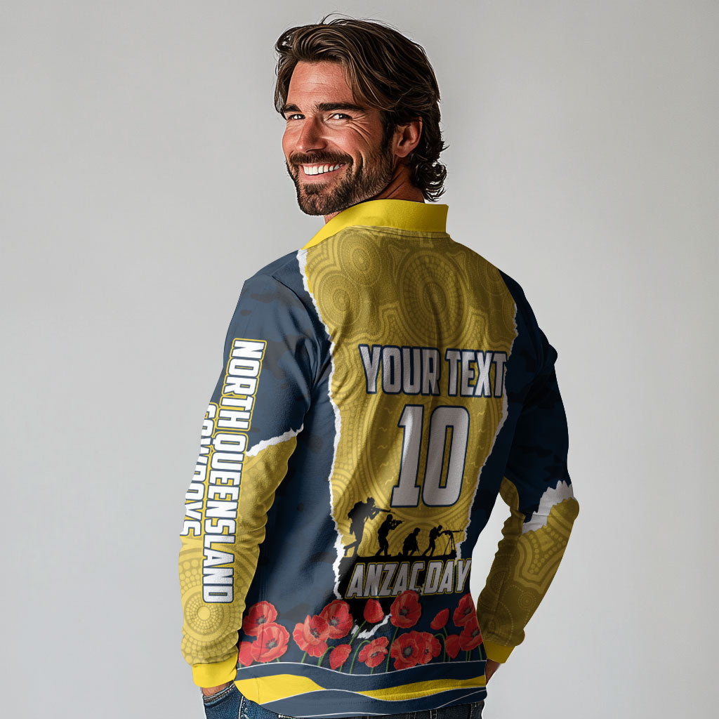 Personalized Cowboys ANZAC Tribute Long Sleeve Polo Shirt Poppy Field Soldier Silhouette Aboriginal Rugby Mascot