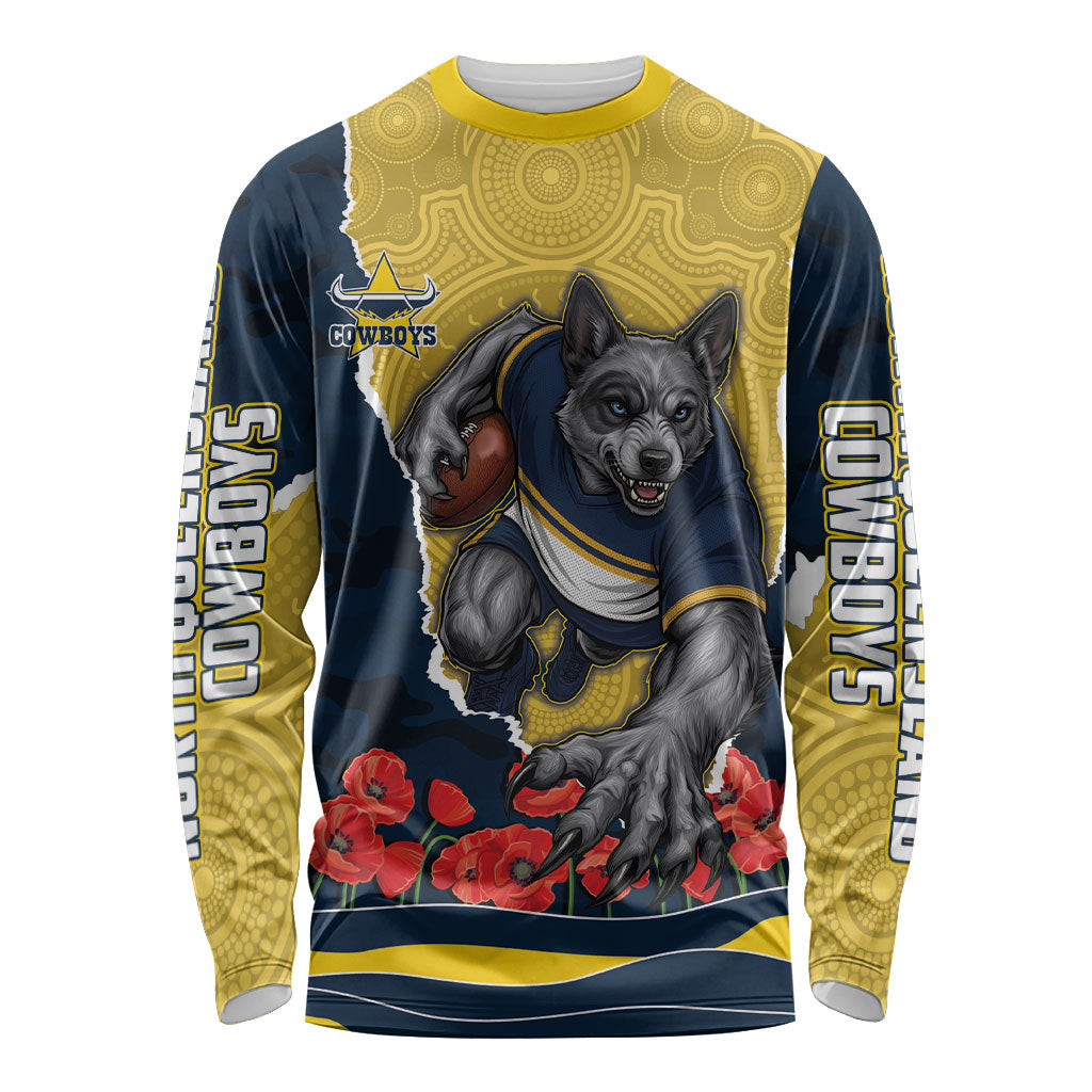 Personalized Cowboys ANZAC Tribute Long Sleeve Shirt Poppy Field Soldier Silhouette Aboriginal Rugby Mascot