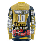 Personalized Cowboys ANZAC Tribute Long Sleeve Shirt Poppy Field Soldier Silhouette Aboriginal Rugby Mascot