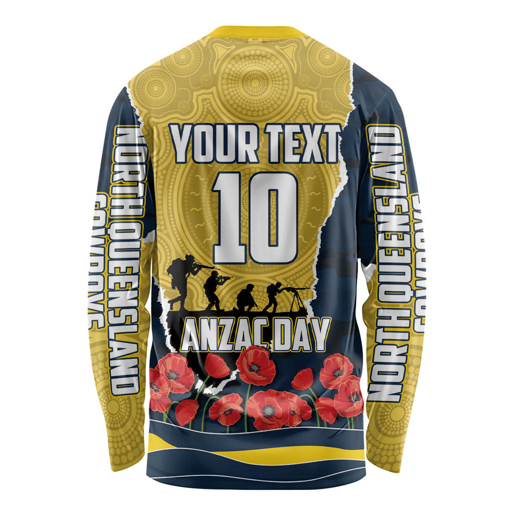 Personalized Cowboys ANZAC Tribute Long Sleeve Shirt Poppy Field Soldier Silhouette Aboriginal Rugby Mascot