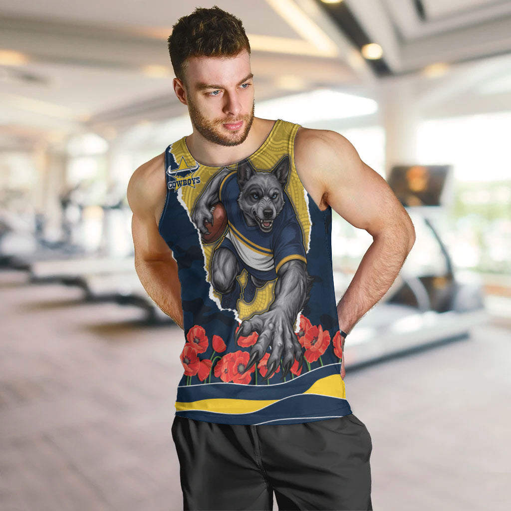 Personalized Cowboys ANZAC Tribute Men Tank Top Poppy Field Soldier Silhouette Aboriginal Rugby Mascot