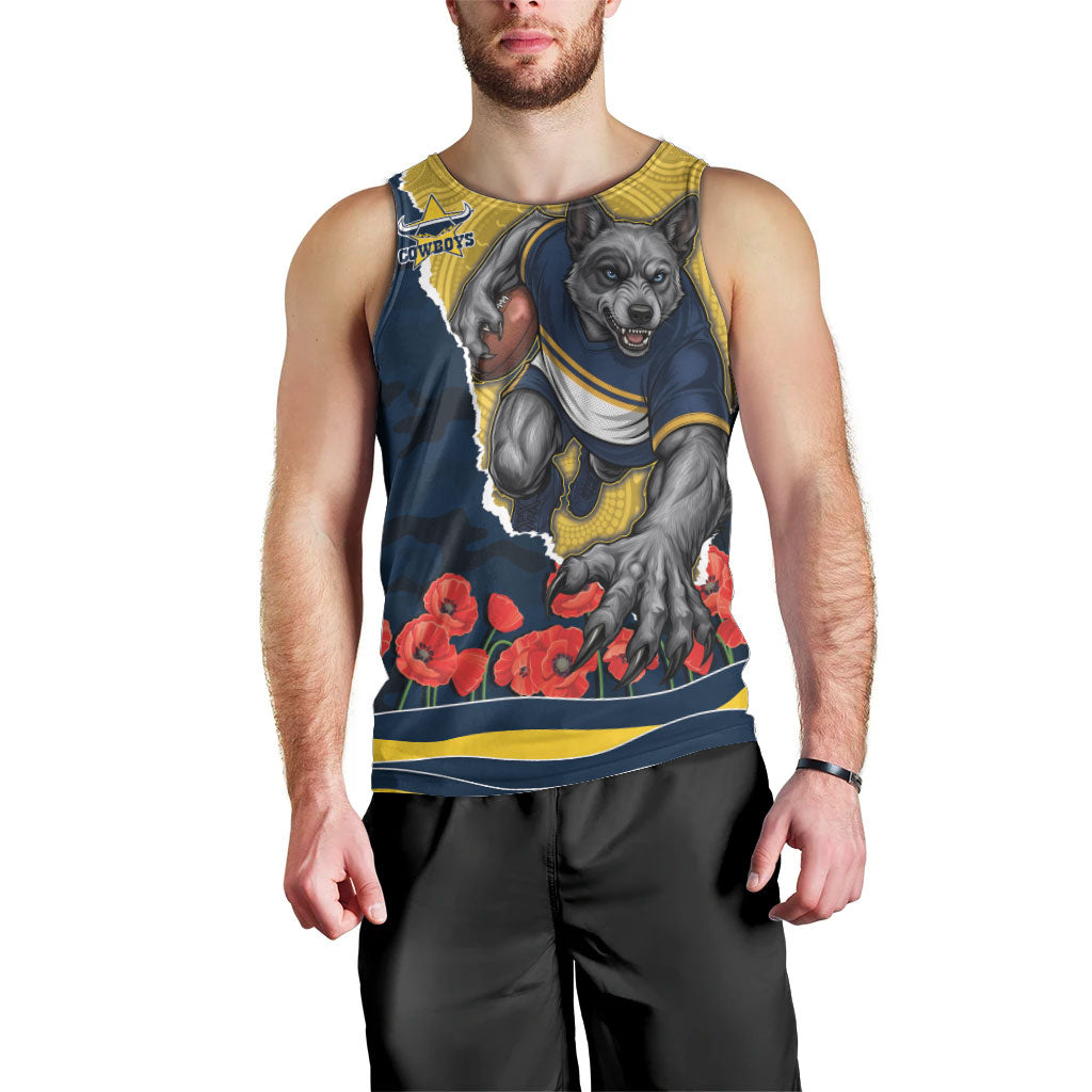 Personalized Cowboys ANZAC Tribute Men Tank Top Poppy Field Soldier Silhouette Aboriginal Rugby Mascot