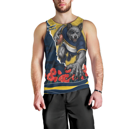 Personalized Cowboys ANZAC Tribute Men Tank Top Poppy Field Soldier Silhouette Aboriginal Rugby Mascot