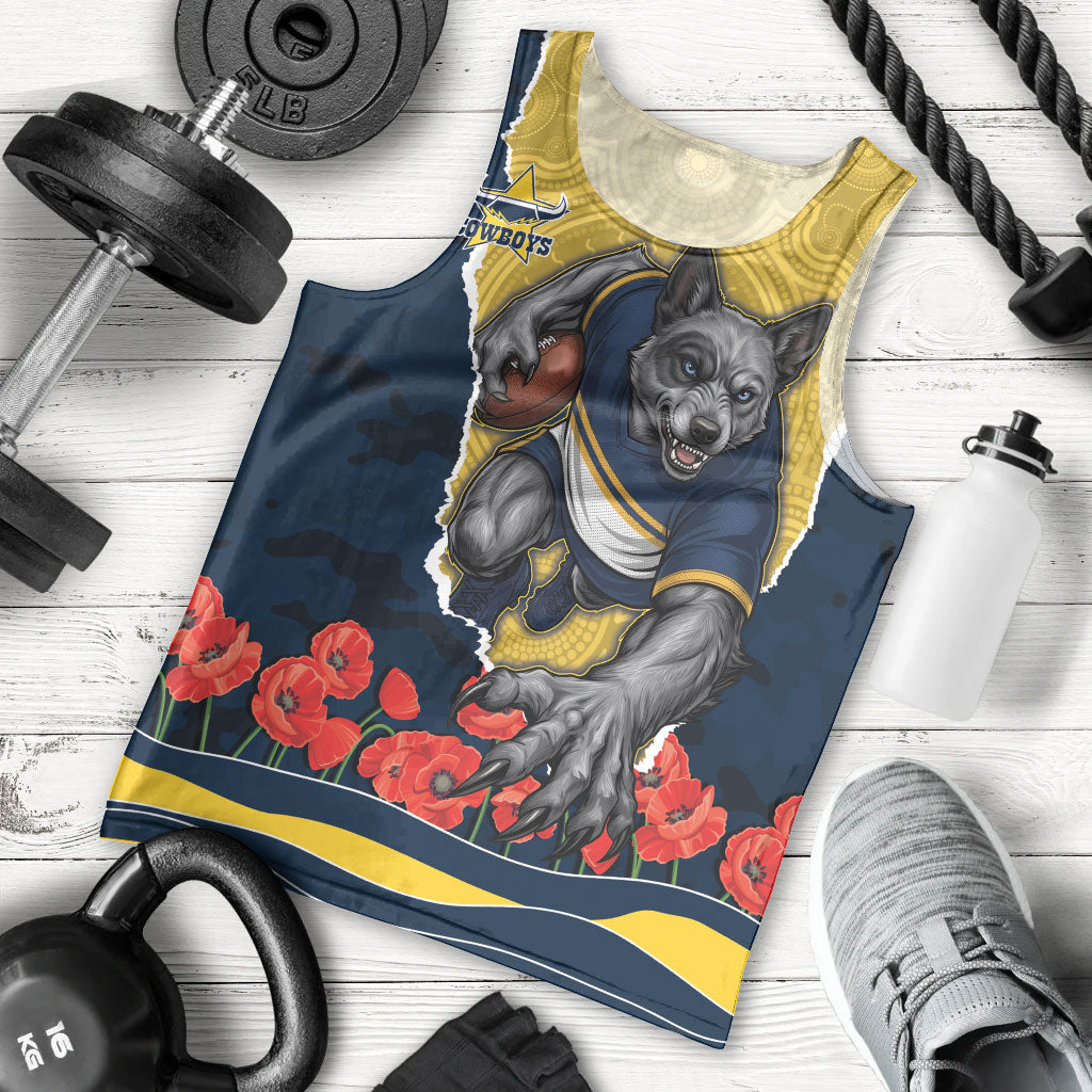 Personalized Cowboys ANZAC Tribute Men Tank Top Poppy Field Soldier Silhouette Aboriginal Rugby Mascot