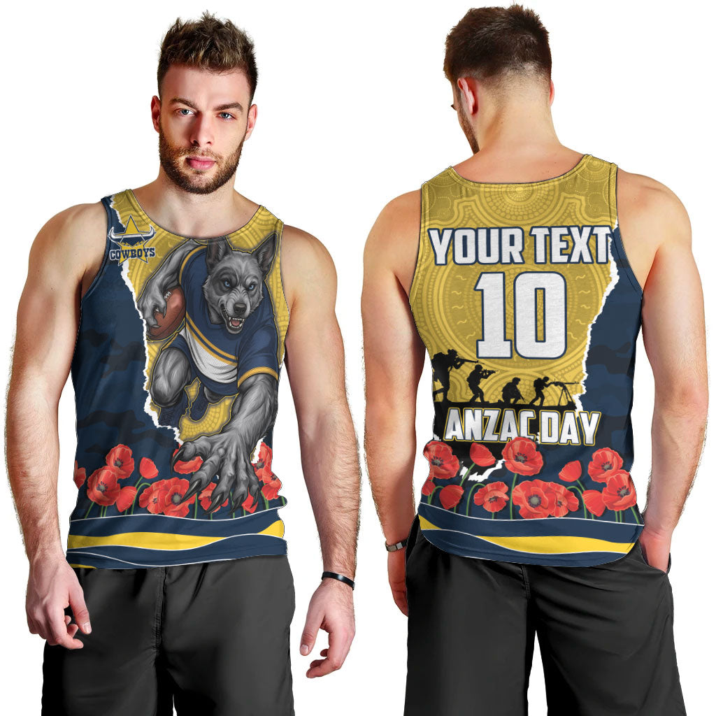 Personalized Cowboys ANZAC Tribute Men Tank Top Poppy Field Soldier Silhouette Aboriginal Rugby Mascot