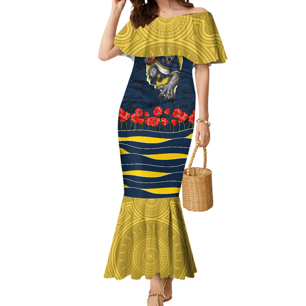 Personalized Cowboys ANZAC Tribute Mermaid Dress Poppy Field Soldier Silhouette Aboriginal Rugby Mascot