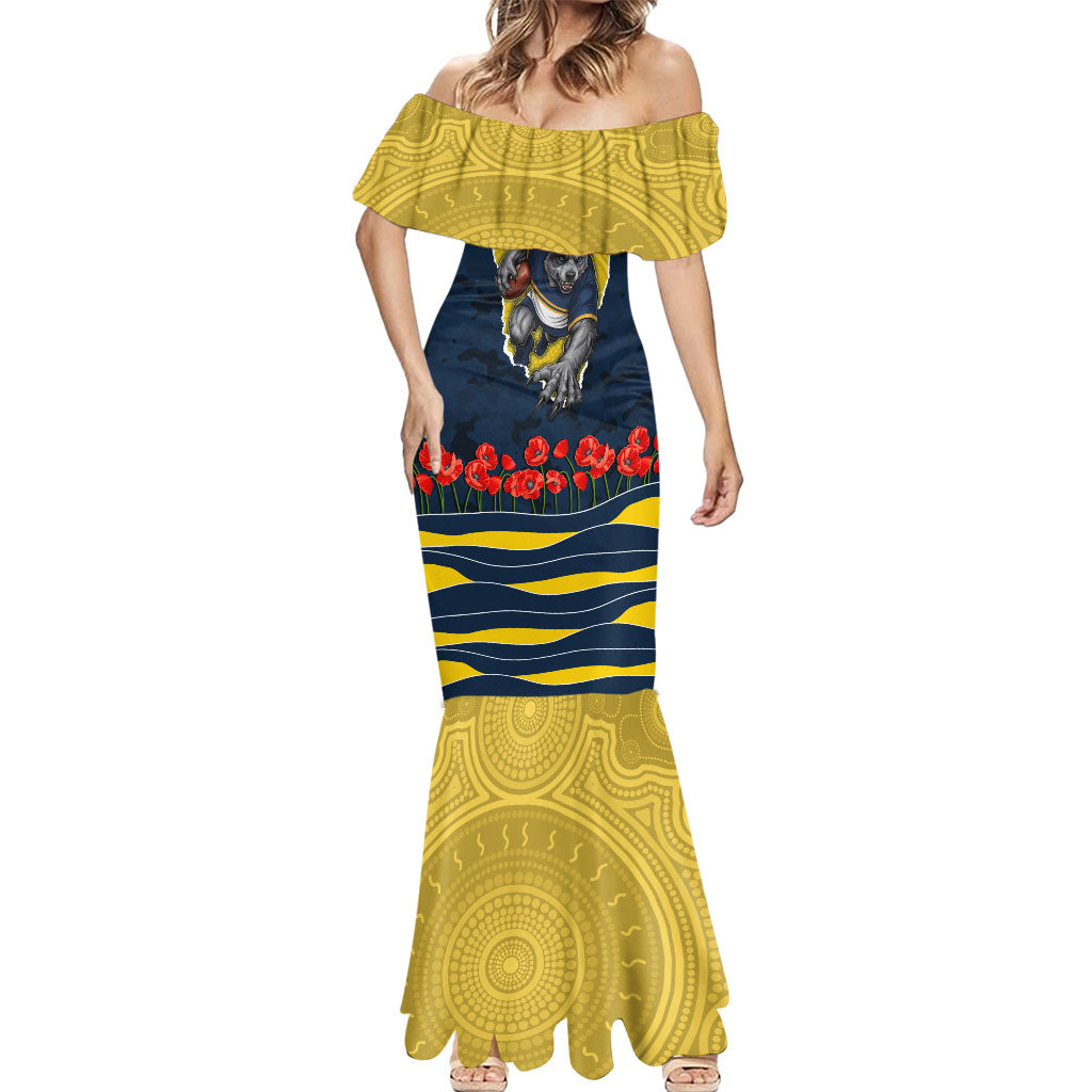Personalized Cowboys ANZAC Tribute Mermaid Dress Poppy Field Soldier Silhouette Aboriginal Rugby Mascot