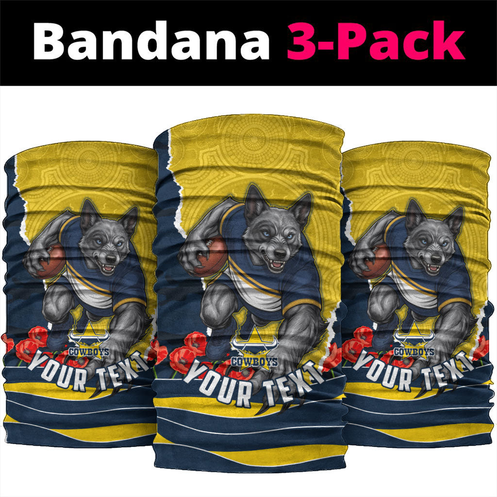 Personalized Cowboys ANZAC Tribute Neck Gaiter Poppy Field Soldier Silhouette Aboriginal Rugby Mascot