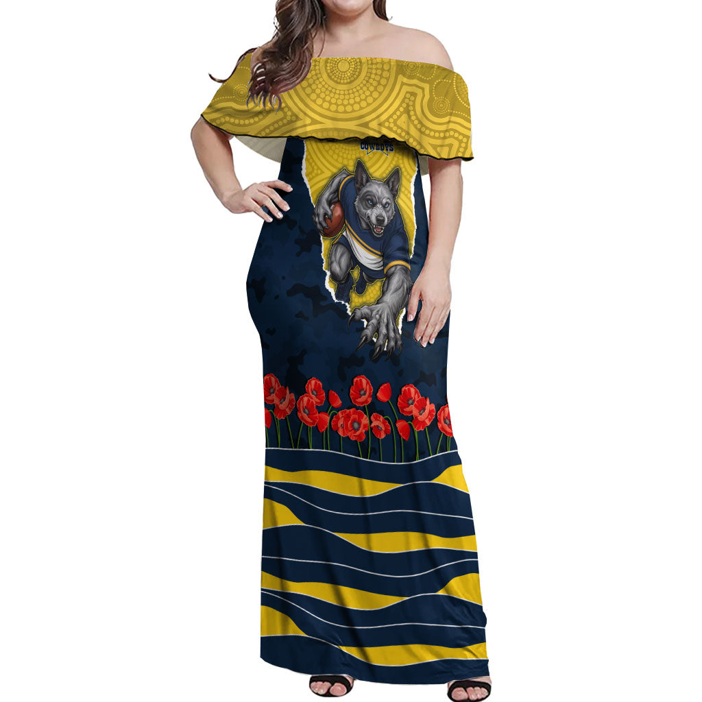 Personalized Cowboys ANZAC Tribute Off Shoulder Maxi Dress Poppy Field Soldier Silhouette Aboriginal Rugby Mascot