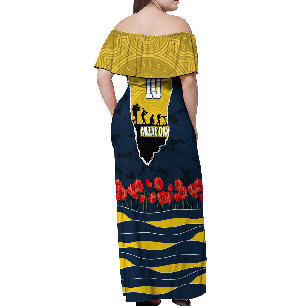 Personalized Cowboys ANZAC Tribute Off Shoulder Maxi Dress Poppy Field Soldier Silhouette Aboriginal Rugby Mascot