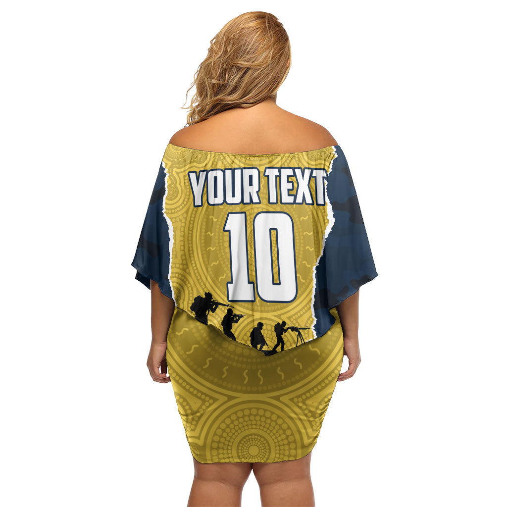 Personalized Cowboys ANZAC Tribute Off Shoulder Short Dress Poppy Field Soldier Silhouette Aboriginal Rugby Mascot