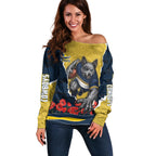 Personalized Cowboys ANZAC Tribute Off Shoulder Sweater Poppy Field Soldier Silhouette Aboriginal Rugby Mascot