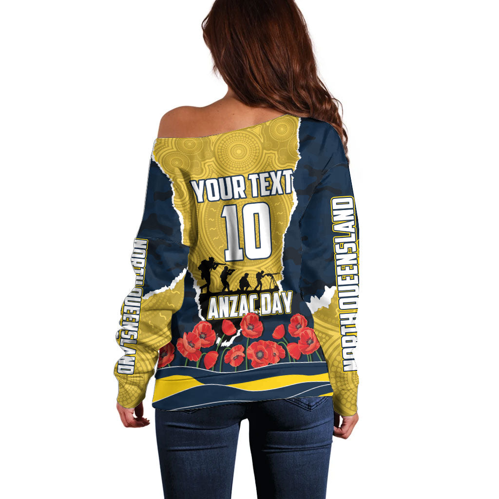 Personalized Cowboys ANZAC Tribute Off Shoulder Sweater Poppy Field Soldier Silhouette Aboriginal Rugby Mascot