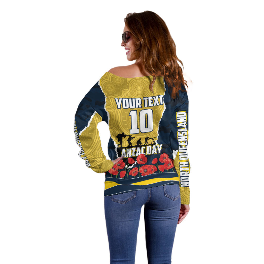 Personalized Cowboys ANZAC Tribute Off Shoulder Sweater Poppy Field Soldier Silhouette Aboriginal Rugby Mascot
