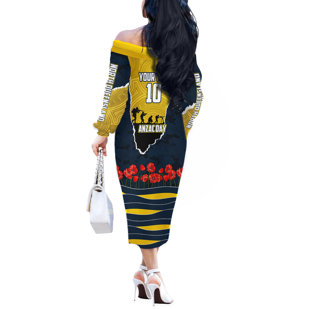 Personalized Cowboys ANZAC Tribute Off The Shoulder Long Sleeve Dress Poppy Field Soldier Silhouette Aboriginal Rugby Mascot