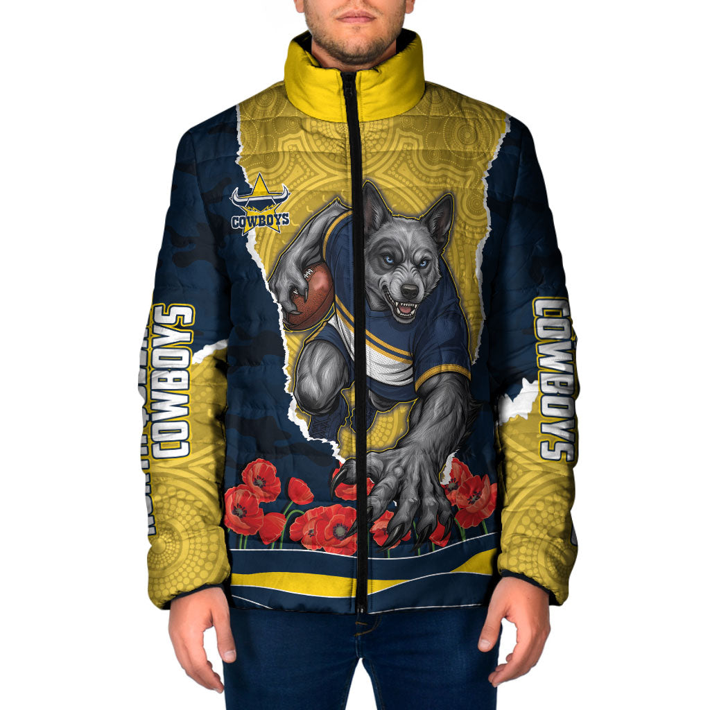 Personalized Cowboys ANZAC Tribute Padded Jacket Poppy Field Soldier Silhouette Aboriginal Rugby Mascot