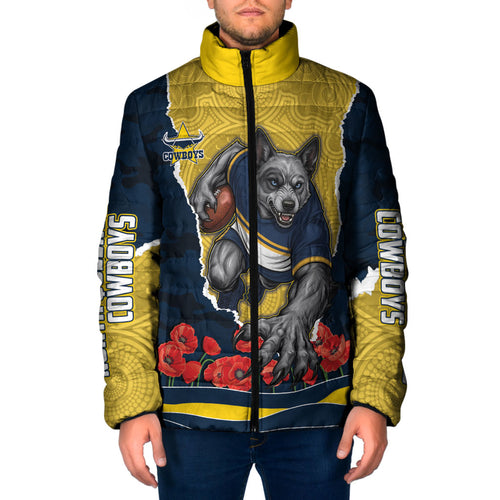 Personalized Cowboys ANZAC Tribute Padded Jacket Poppy Field Soldier Silhouette Aboriginal Rugby Mascot