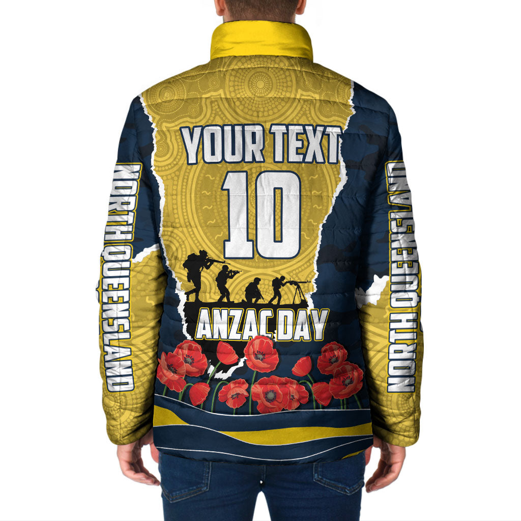Personalized Cowboys ANZAC Tribute Padded Jacket Poppy Field Soldier Silhouette Aboriginal Rugby Mascot