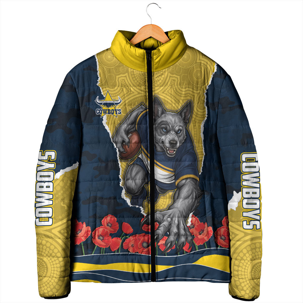 Personalized Cowboys ANZAC Tribute Padded Jacket Poppy Field Soldier Silhouette Aboriginal Rugby Mascot