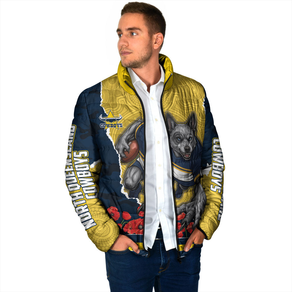 Personalized Cowboys ANZAC Tribute Padded Jacket Poppy Field Soldier Silhouette Aboriginal Rugby Mascot