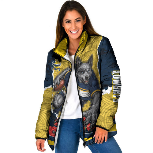 Personalized Cowboys ANZAC Tribute Padded Jacket Poppy Field Soldier Silhouette Aboriginal Rugby Mascot