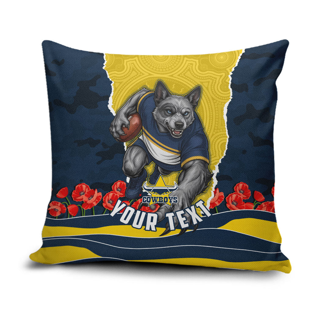 Personalized Cowboys ANZAC Tribute Pillow Cover Poppy Field Soldier Silhouette Aboriginal Rugby Mascot