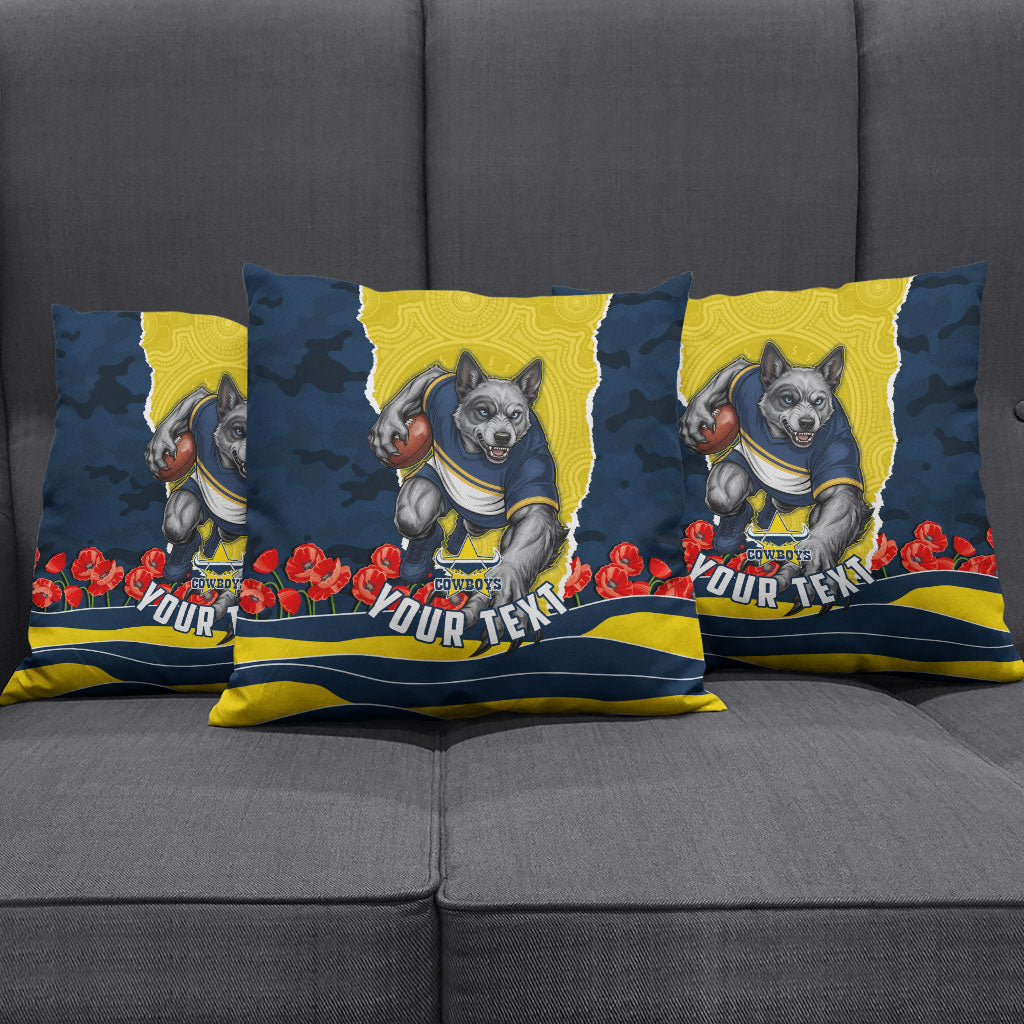 Personalized Cowboys ANZAC Tribute Pillow Cover Poppy Field Soldier Silhouette Aboriginal Rugby Mascot