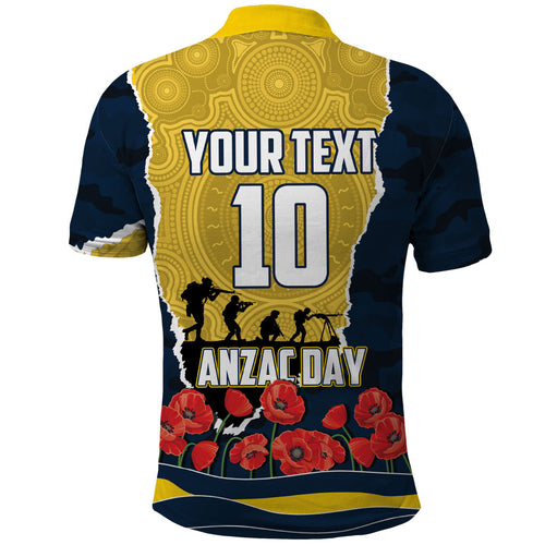 Personalized Cowboys ANZAC Tribute Polo Shirt Poppy Field Soldier Silhouette Aboriginal Rugby Mascot