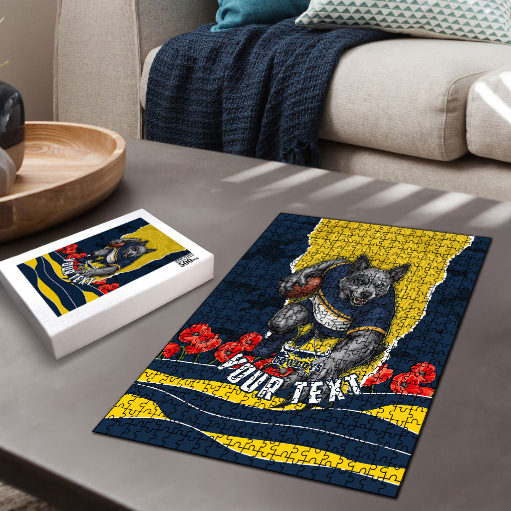 Personalized Cowboys ANZAC Tribute Puzzle Poppy Field Soldier Silhouette Aboriginal Rugby Mascot