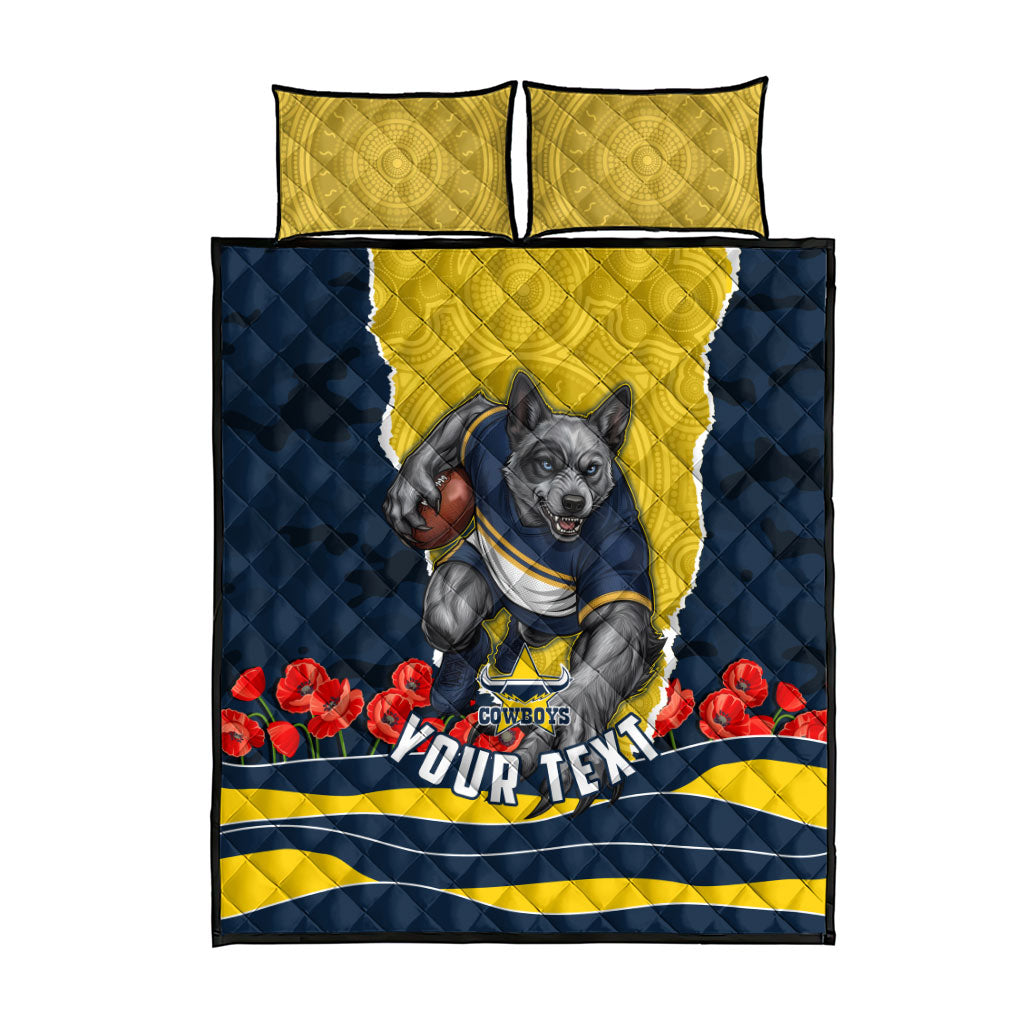 Personalized Cowboys ANZAC Tribute Quilt Bed Set Poppy Field Soldier Silhouette Aboriginal Rugby Mascot