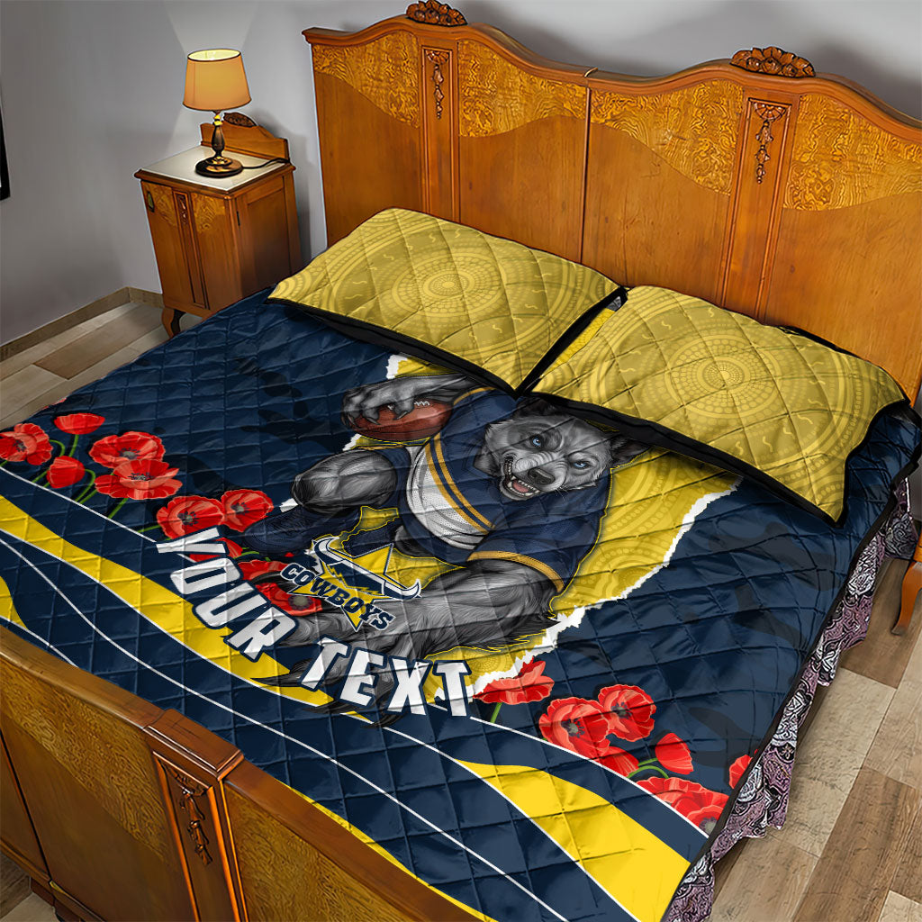 Personalized Cowboys ANZAC Tribute Quilt Bed Set Poppy Field Soldier Silhouette Aboriginal Rugby Mascot