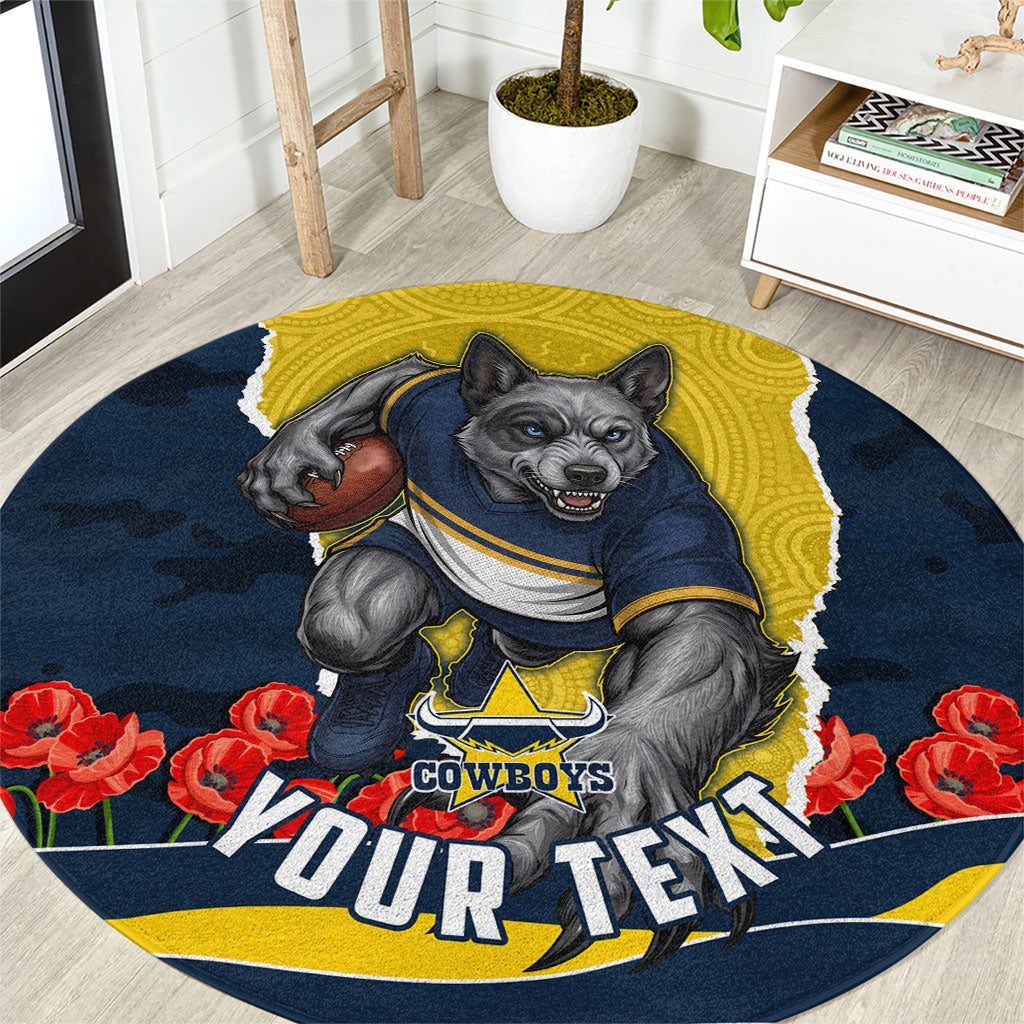 Personalized Cowboys ANZAC Tribute Round Carpet Poppy Field Soldier Silhouette Aboriginal Rugby Mascot