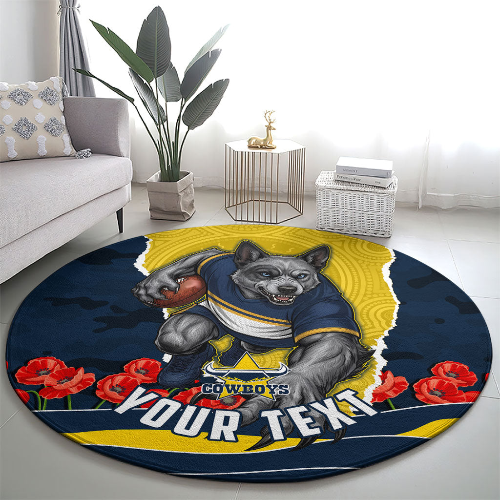 Personalized Cowboys ANZAC Tribute Round Carpet Poppy Field Soldier Silhouette Aboriginal Rugby Mascot