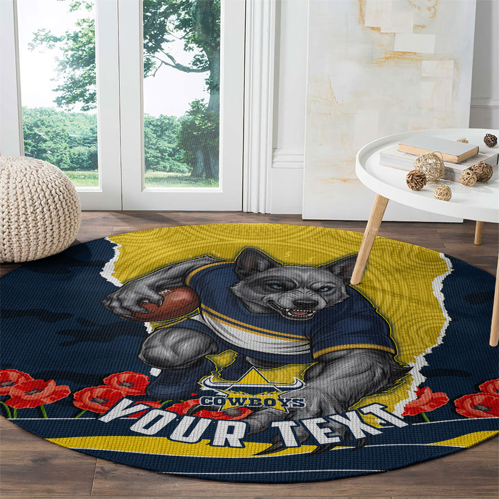 Personalized Cowboys ANZAC Tribute Round Carpet Poppy Field Soldier Silhouette Aboriginal Rugby Mascot