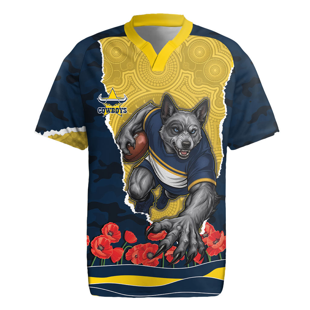 Personalized Cowboys ANZAC Tribute Rugby Jersey Poppy Field Soldier Silhouette Aboriginal Rugby Mascot