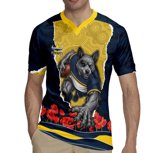 Personalized Cowboys ANZAC Tribute Rugby Jersey Poppy Field Soldier Silhouette Aboriginal Rugby Mascot